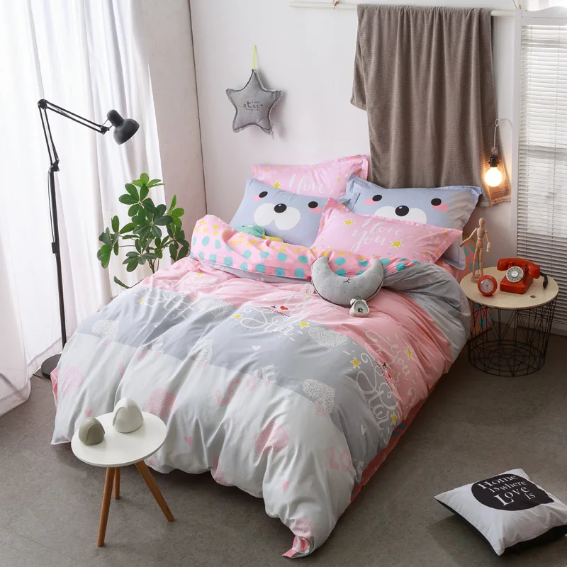 

Heart LOVE print 78x90" duvet cover flat sheet pillowcase 4pcs girls bedding set 100% cotton