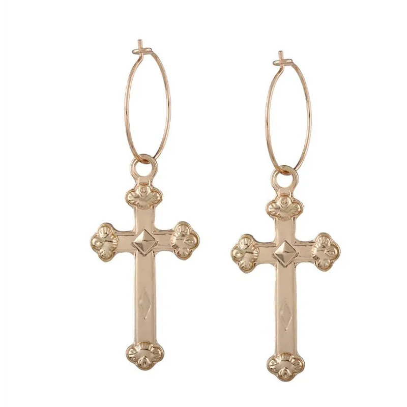 

Chic Style Small Gold Color Cross Earring For Women Fashion Metal Circle Cross Dangle Earrings Drop Retro Brincos 2017 Jewelry