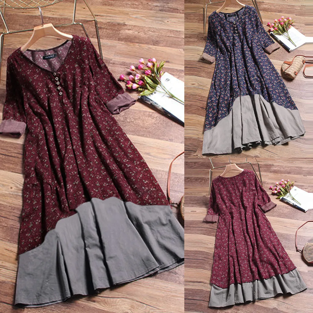

Women Dress Floral Printed O-Ncek Layered Long Sleeve Button Vintage Long Dress Women Mid Calf