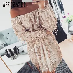 Affogatoo пикантные off shoulder sequin кисточкой летнее платье вечернее вечерние клуб короткое платье Для женщин Длинные рукава винтажное платье vestidos