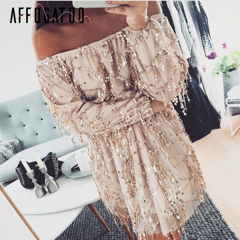 

Affogatoo Sexy off shoulder sequin tassel summer dress Evening party club short dress Women long sleeve vintage dress vestidos