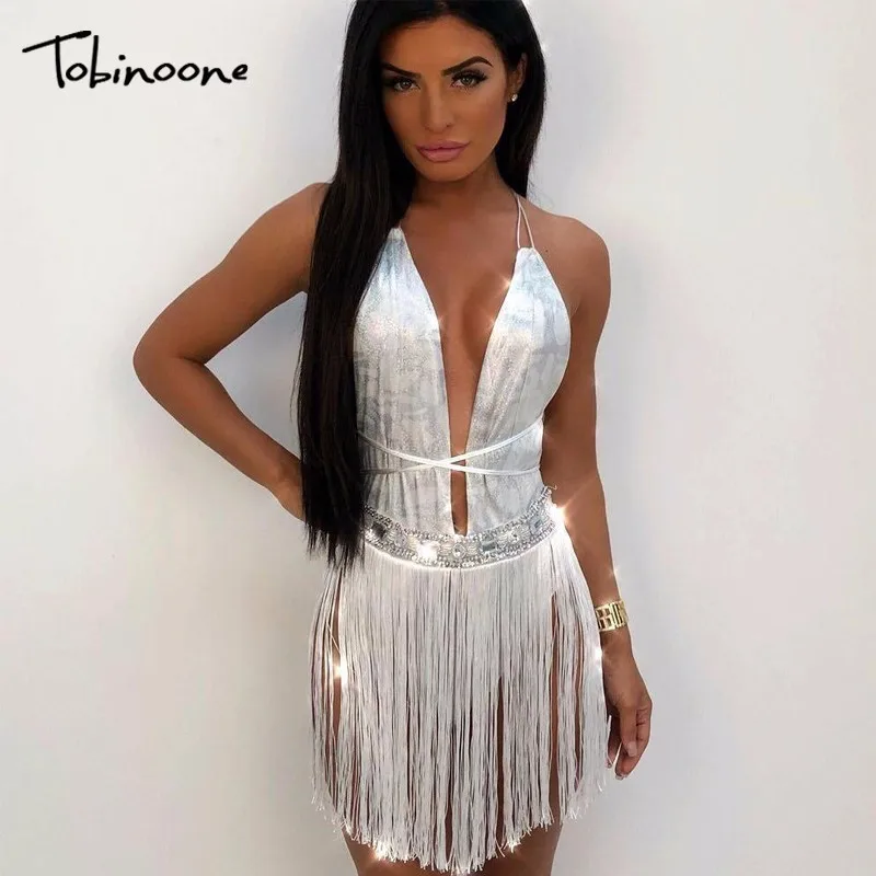 

Tobinoone Summer Sexy Women Bodysuit Halter Backless Sequined Hollow Out tassel Rompers Bodysuits Jumpsuit night Club Playsuit