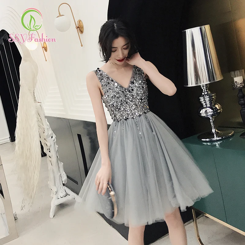 

SSYfashion V-Neck Sleeveless Backless Tulle Sequined Above Knee Mini Sexy Cocktail Dresses Special Occasion Short Dresses Formal