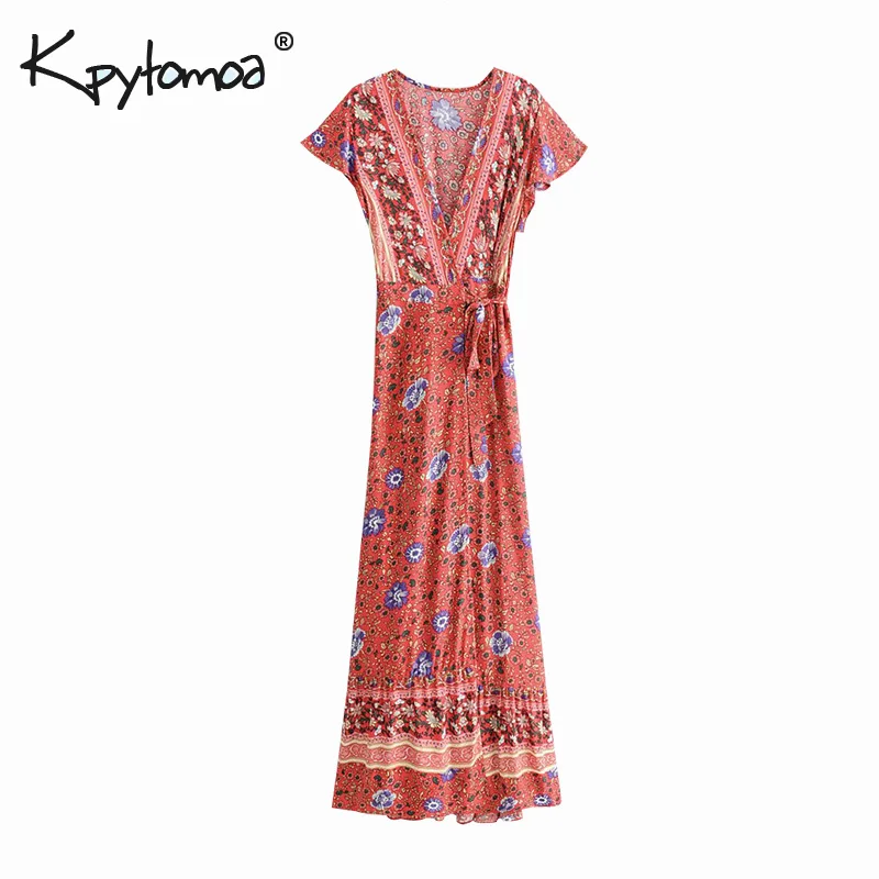 

Boho Summer Vintage Floral Print Sashes Wrap Long Dress Women 2019 Fashion V Neck Short Sleeve Beach Maxi Dresses Vestidos Mujer