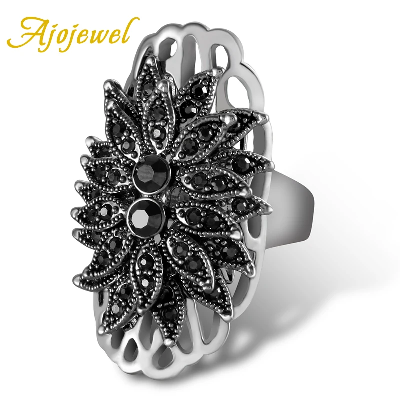 

Ajojewel New Designer Exaggerated Big Ring Women Unique Black Crystal Rhinestone Flower Vintage Jewelry Rings
