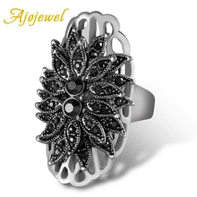 Ajojewel New Designer Exaggerated Big Ring Women Unique Black Crystal Rhinestone Flower Vintage Jewelry Rings rhinestone vintage flower ring