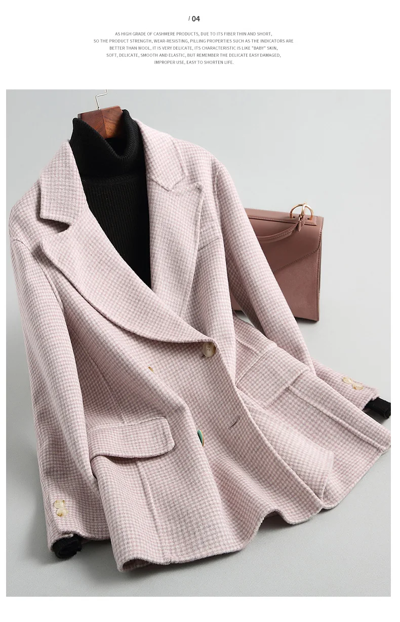 100% шерстяное пальто женское двухстороннее шерстяное пальто весна осень куртка Женская Корейская розовая куртка клетчатое пальто Chaqueta Mujer
