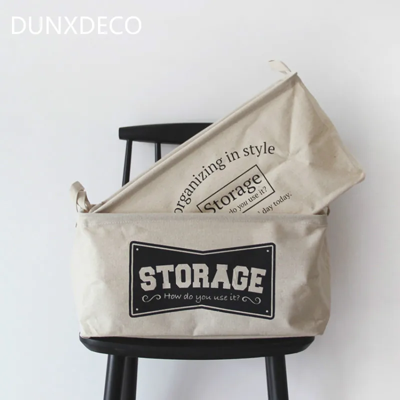 

DUNXDECO Home Office Storage Laundry Basket Toy Cloth Organizing Simple Vintage Black Words Print Container Clean Room Deco