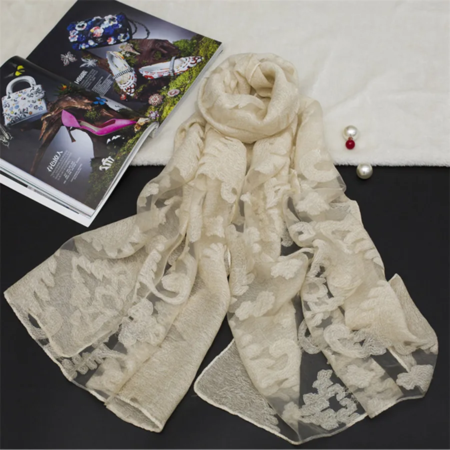 

[Lakysilk]2017 Floral Embroidery fashion Scarf Luxury Brand Head scarf hijab Foulard Shawl Women Scarves Organza Lace Sjaal