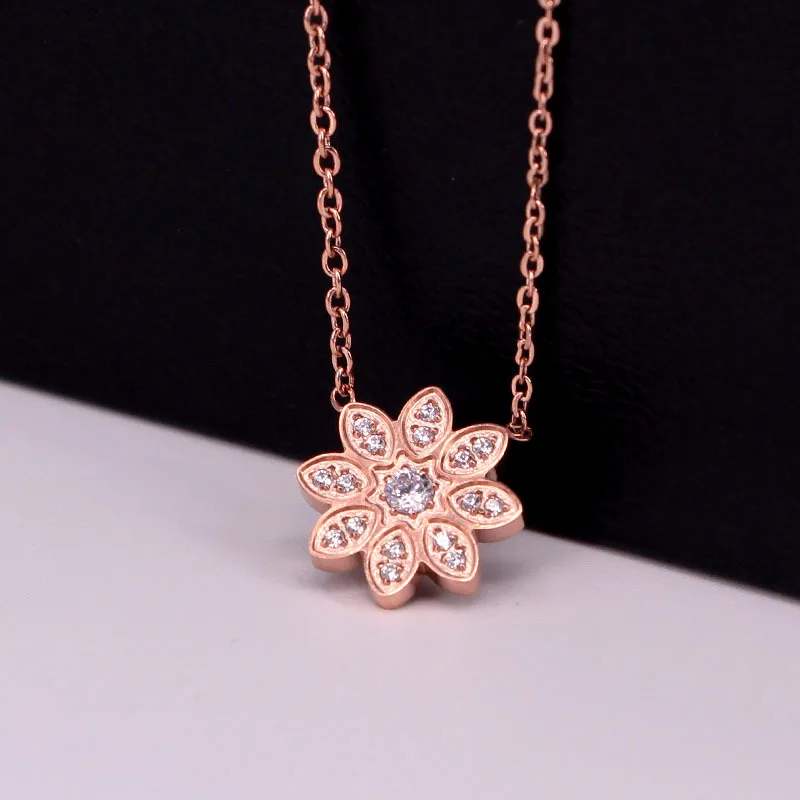 Stainless Steel Love Full Crystal CZ Zircon Sun Flower Pendant Necklaces Rose Gold Color Women Female Lady Party Gift | Украшения и