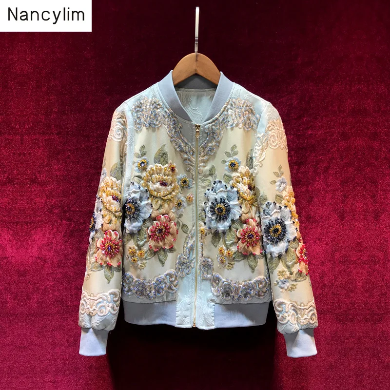 

Short Jacket Women High Quality French Retro Palace Jacquard Baseball Uniform Coat Bead Jacket Lady High-end Jackets Female