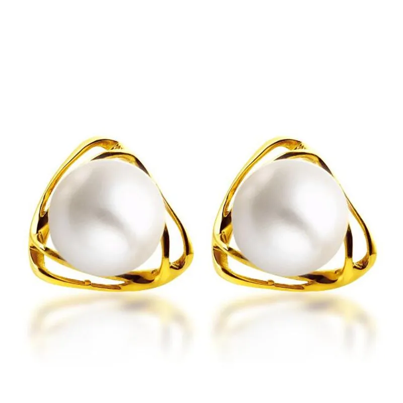 18K Gold 6.50mm Freshwater Pearl Stud Earrings For Women Charming Triangle Earring Pendientes Fashion Ear Jewelry Accessories gold small triangle stud earrings