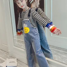 Модные джинсовые осенние новые милые брюки с принтом для больших детей осенний детский свободный Удобный джинсовый комбинезон