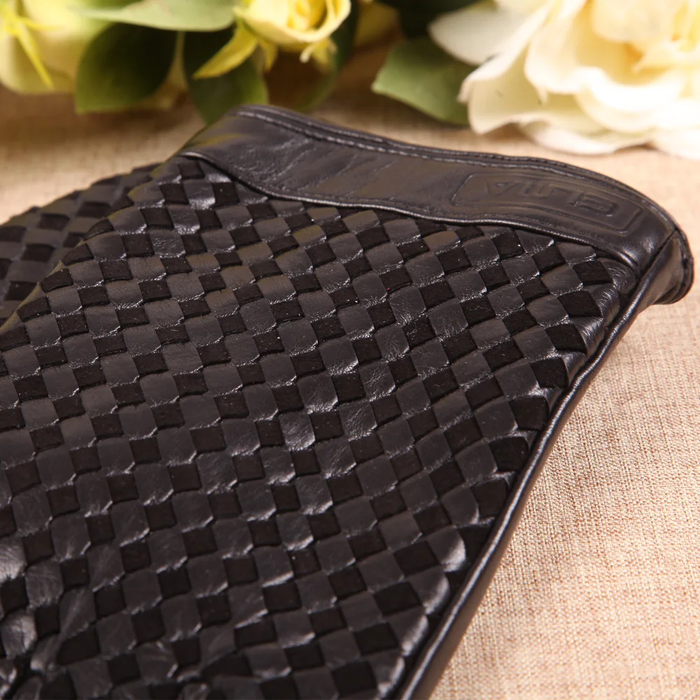 Business Men Genuine Leather Gloves High Quality Goatskin Glove Autumn Winter Plus Thermal Velvet Fashion Woven Plaid EM019NC