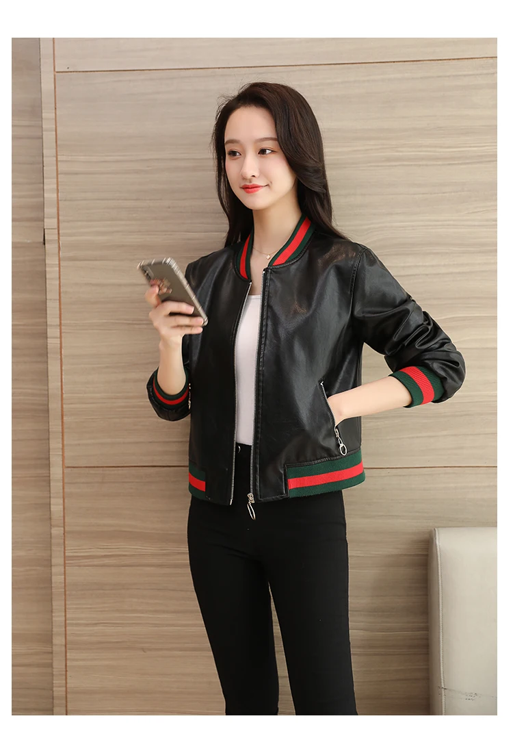 Женская Черная Куртка из искусственной кожи, новые корейские модные женские кожаные куртки на молнии с длинным рукавом