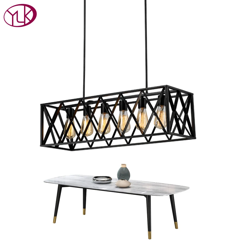 

Youlaike Rectangle Vintage Pendant Light For Dining Room Black Industrial Hanging Lighting Fixture Brief Style LED Bar Lamps