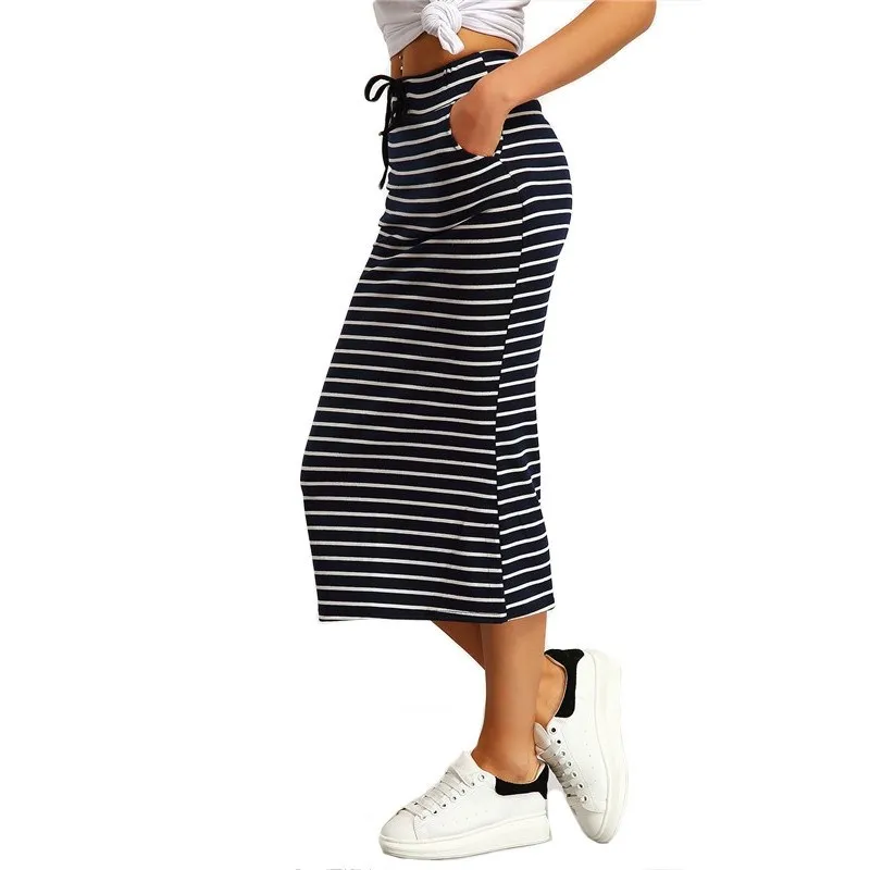 Autumn Women Casual Summer Skirt Navy Black Drawstring Striped Skirts Cozy Pockets Chic Skirts Skirts