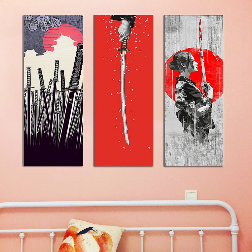 Japanese Style Samurai Sword Cartoon Wall Art Canvas Painting for