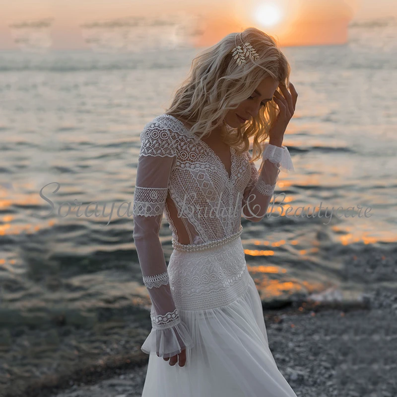 Иллюзия v-образным вырезом шикарное кружевное богемное повседневное Тюлевое свадебное платье с длинным рукавом сексуальные Аппликации атласные пляжные свадебные платья AX136