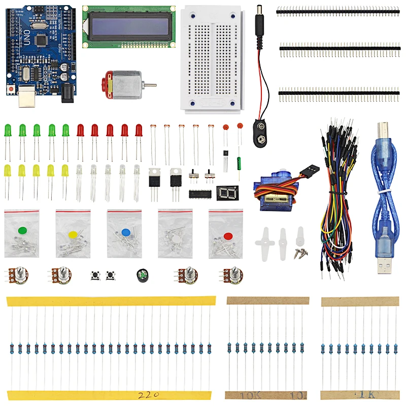 

Basic Starter Kit for Motor SG90 Servo Breadboard LED Lights USB Cable Battery Snap Resistor Kit for UNO R3 + Case