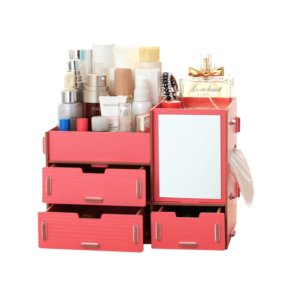 Wooden Storage Box Makeup Organizer Case with Mirror Multi Drawers ...