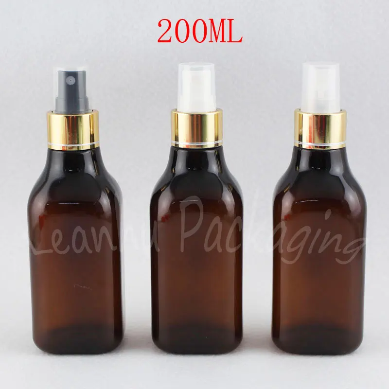 

200ML Brown Square Plastic Bottle With Gold Spray Pump , 200CC Toner / Water Sub-bottling , Empty Cosmetic Container