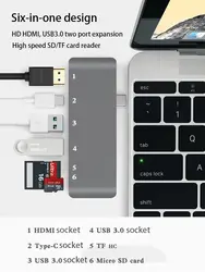 6 в 1 USB C type c концентратор USB c к HDMI 4 K USB 3,0 PD зарядка с TF считыватель SD карт слот концентратор 3,0 адаптер для MacBook Pro Thunderbolt 3