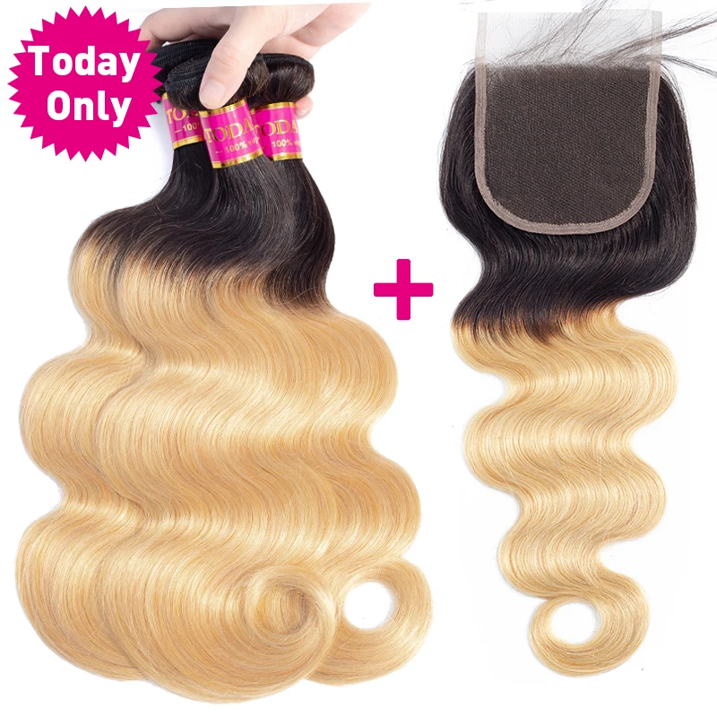 

TODAY ONLY Brazilian Body Wave Bundles With Closure Blonde Brazilian Hair Weave Bundles Ombre Human Hair Bundles With Closure