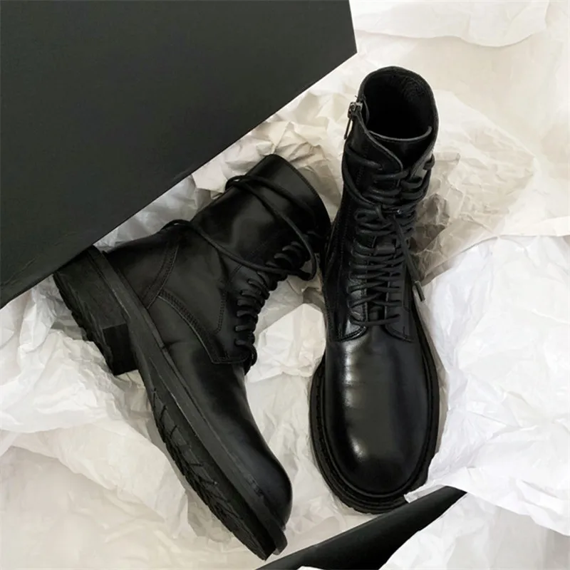 

Round Toe Lace Up Front Bota Feminina Leather Black Shoes Woman Knight Cowboy Combat Boot Tide Thigh High Boots Zapatos De Mujer