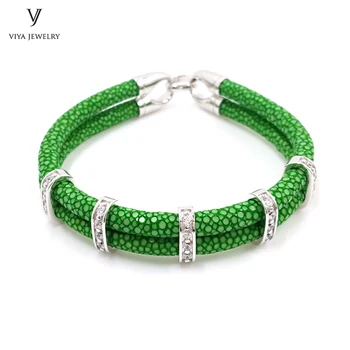 

Sports Club Gift Green & Customize Colors Bracelets 925 Silver Bracelet Genuine High Grade Stingray Leather Bracelet