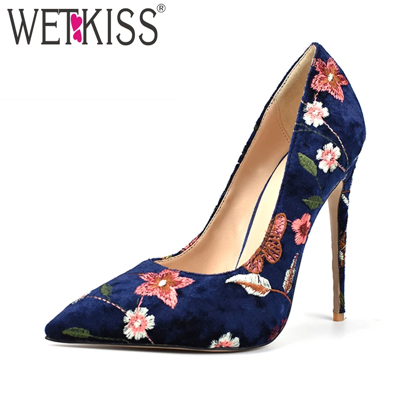 

WETKISS 2019 New Spring Pleuche High Heels Women Pumps Shallow Pointed Toe Footwear Embroider Female Shoes Party Shoes Woman