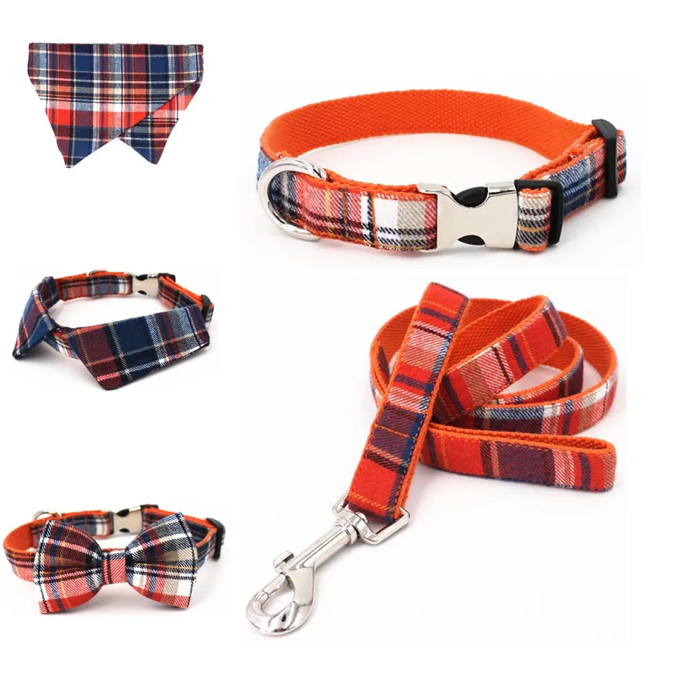 

Buffalo plaid cotton dog shirt collar bandana with leash personal custom handsome pet dog&cat necklace XS-XL