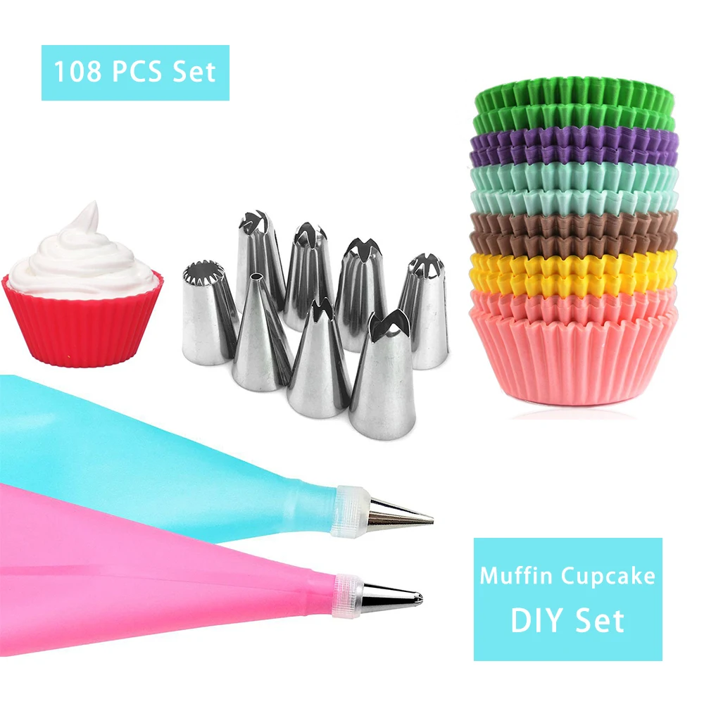 

108PCS/Set Silicone Icing piping cream pastry bag 6Stainless steel nozzle Muffin cupcake paper DIY Cupcake decorating tips Set