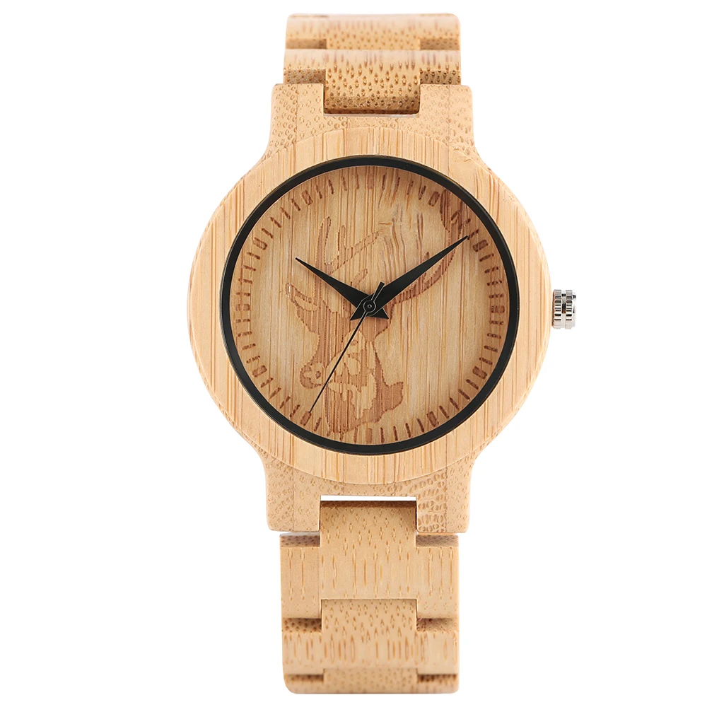 Handmade Whole Wooden Wristwatch Classic Elk Head Deer Carving Vintage Men Women All-match Bamboo Watch Novel Full Wood Clock (1)
