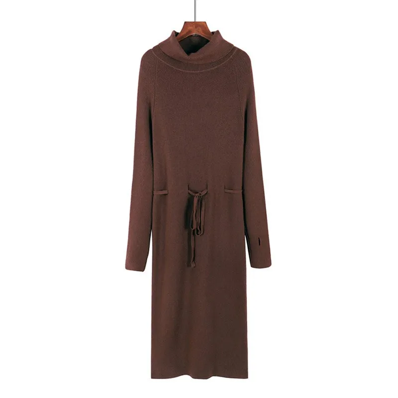 

Autumn Winter Women Turtleneck Long Knitted Dress Robe Femme Lace Up Slim Sweater Dress
