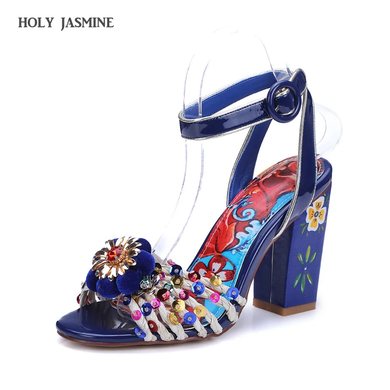 

2017 Summer New Fashion Women Sandals Sexy Crystal Bling Medium Heels Shoes Woman Sandals Party Dress Shoes Blue red Square heel