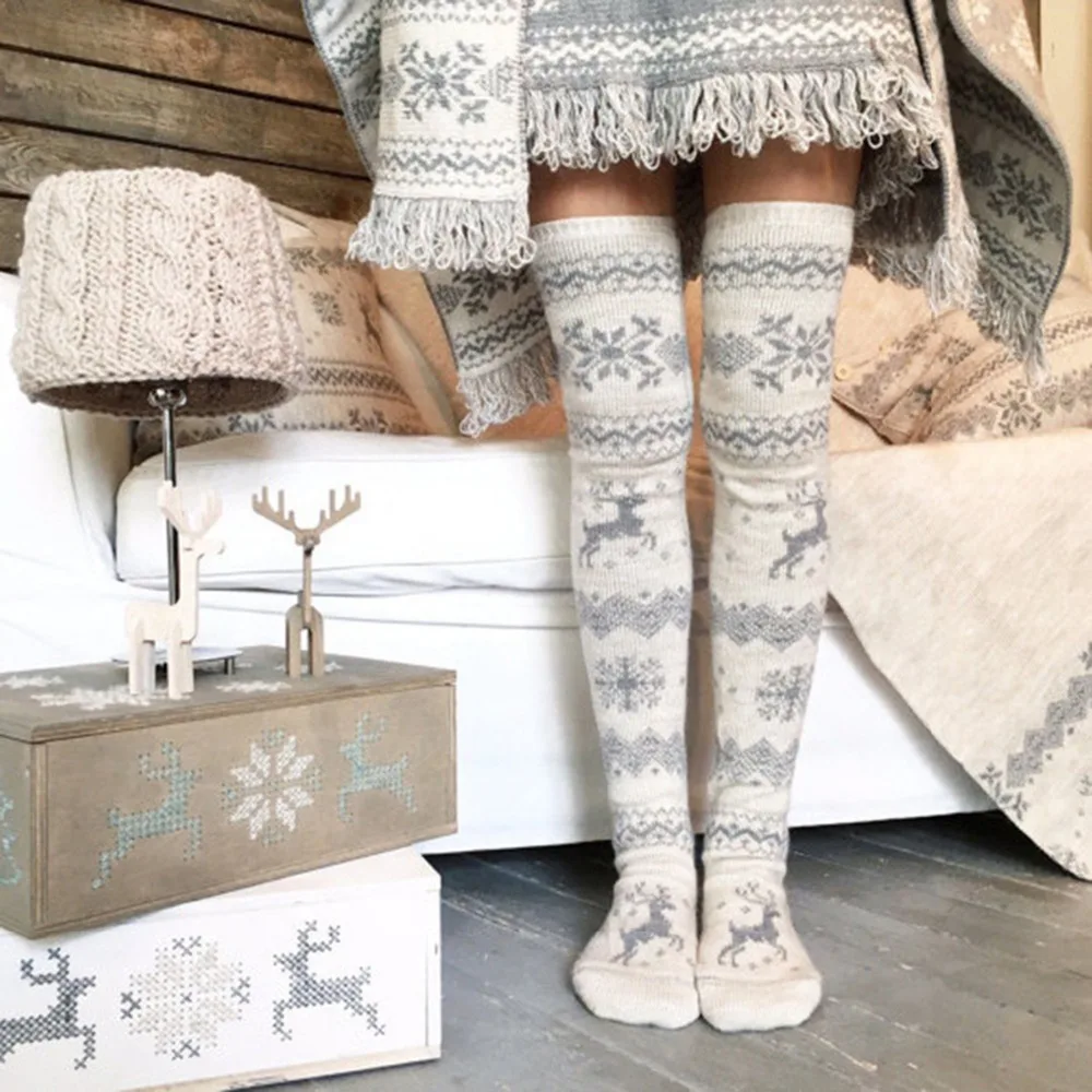 

Autumn Christmas Deer Snow Print Women Girl Thigh High Knee Above Stockings Xmas Leg Warm Stocking