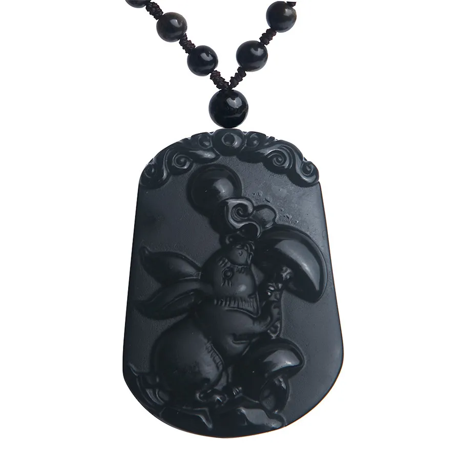 

Black Genuine Gemstone Natural Obsidian Pendant 49x33x10mm Women Femme Men Rabbit Animal Crystal Natural Stone Pendant Necklaces