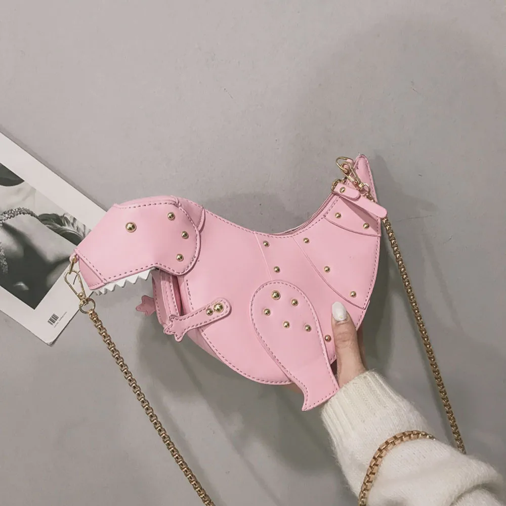 

Rivet Personality Dinosaur Design Fashion Leather Crossbody Mini Messenger Bag Women Chain Purse Female Shoulder Bag Gift 2019