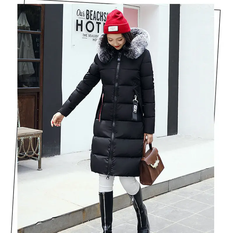 New Female Cotton Coat Thickened Korea Style Fashion Long Down Fur Collar Hooded Jacket Warm Outwear Parkas Women Winter Coat
