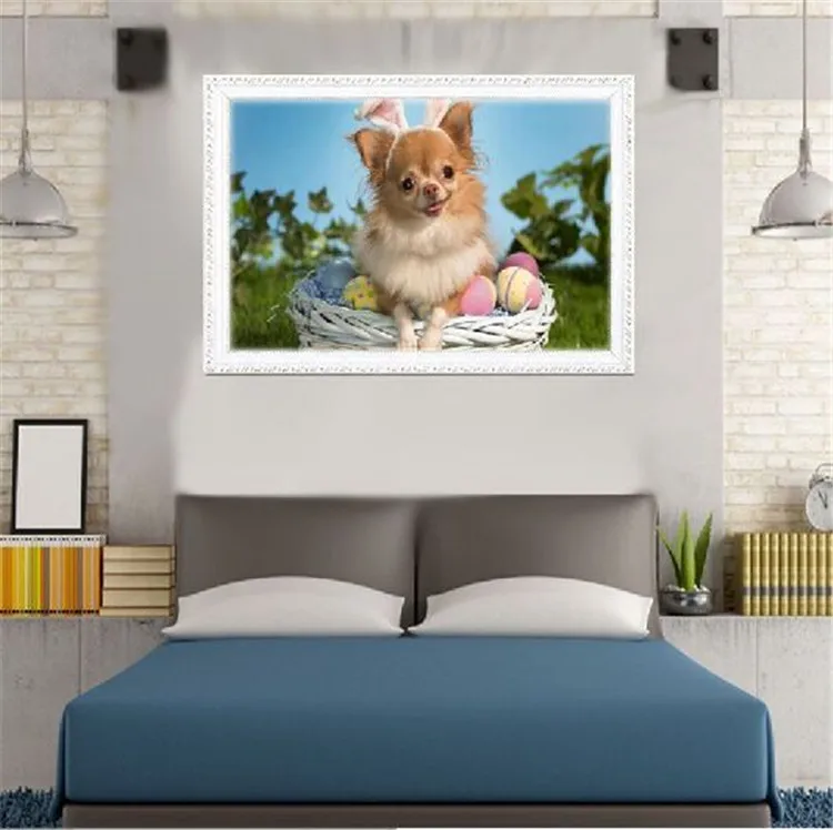 

DIY Diamond Painting Rhinestone square animal dog in a basket of flowers 5D Cross Stitch Diamond pattern Diamond embroidery