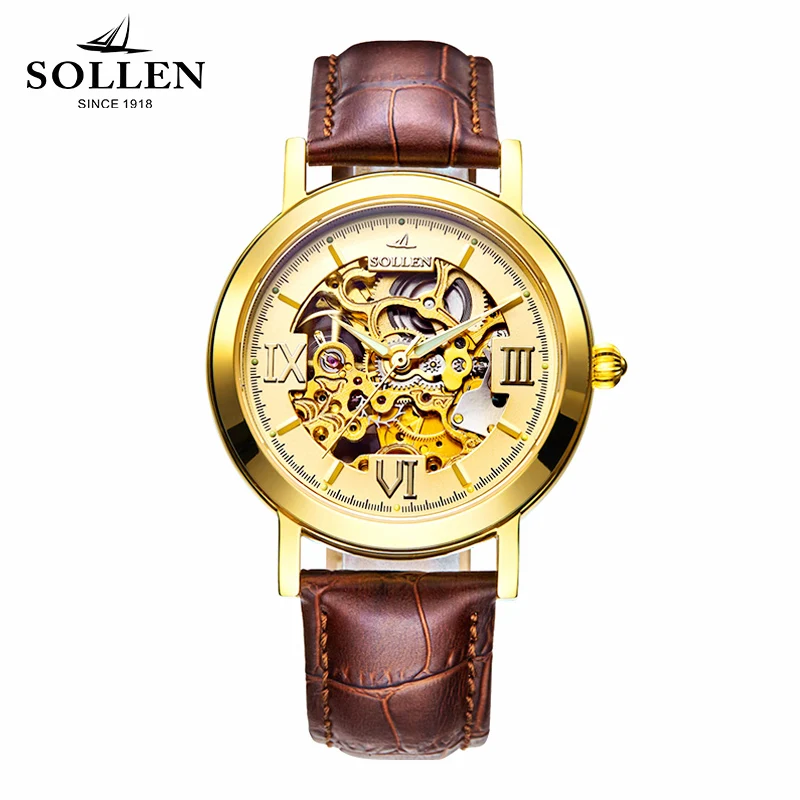 

2018 Solon genuine watch men's automatic mechanical watch hollow belt leather gold watch