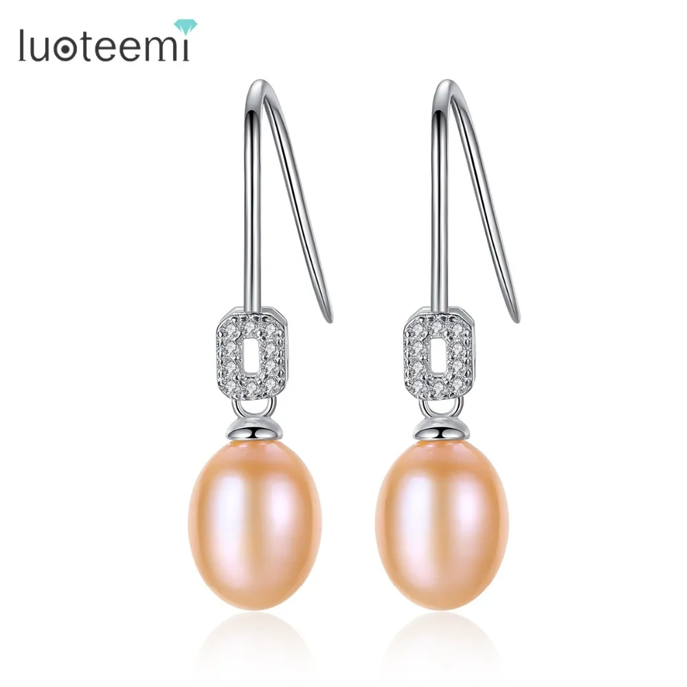 

LUOTEEMI High Quality Wholesale Sterling Silver Cubic Zirconia With Nature Oval Freshwater Pearl For Women Drop Earrings Jewelry