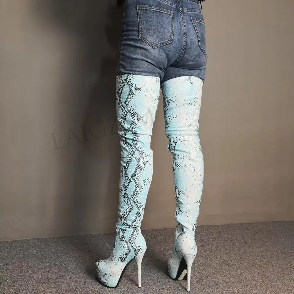 LAIGZEM CHIC Women Thigh High Boots Faux Snake Leather Stiletto Heels Boots Dropshipping Crotch Shoes Botines Mujer Big Size 52 (2)