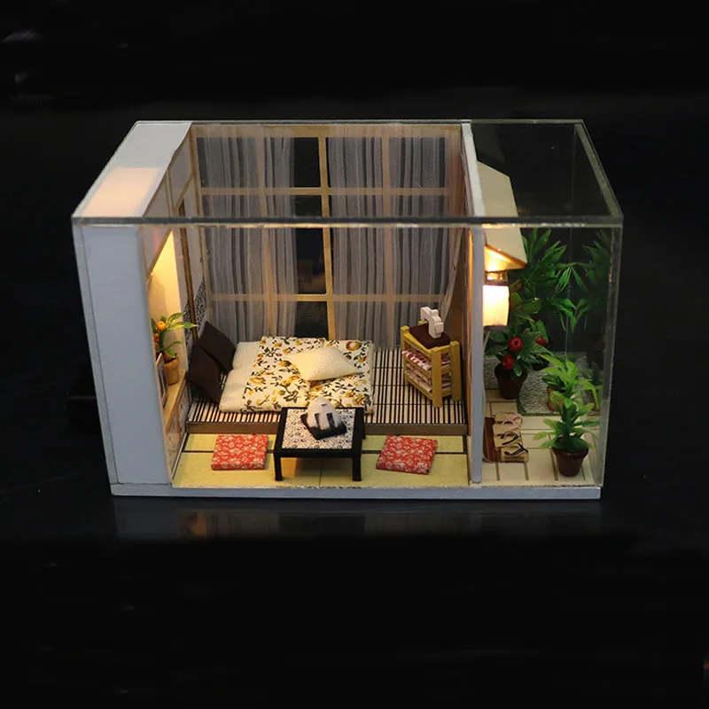 Миниатюрный японский татами кукольный домик деревянная головоломка модель мебель наборы DIY куклы дом огни кошка подарок на день рождения для детей