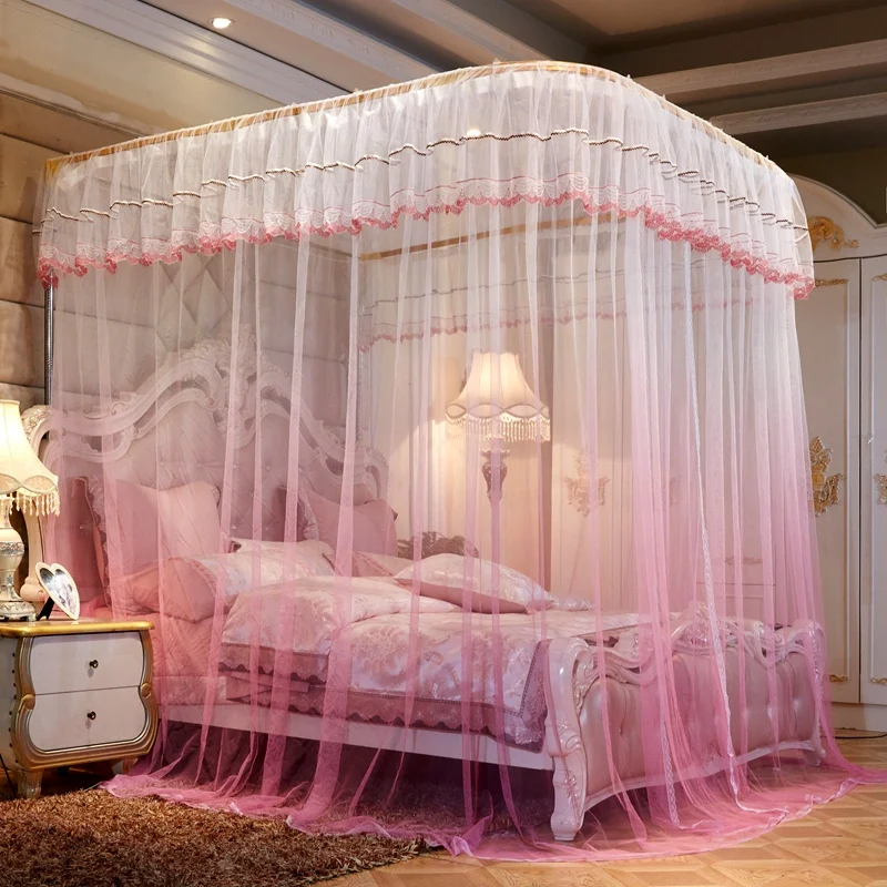 

Gradient Pink Green Gray Orange Luxury U type Guide Rail Three Open Door Mosquito Net Stainless Steel Mosquito Frame Bedding Set