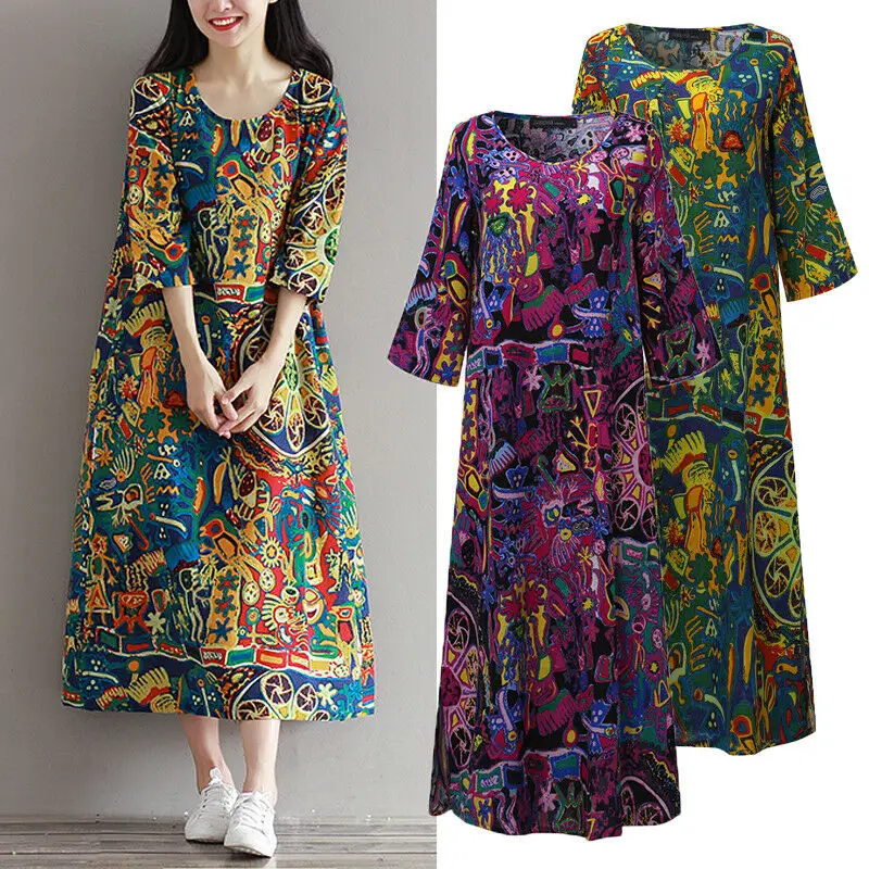 

Women Floral Print Kaftan Long Shirt Dress Vintage Ethnic Caftan Maxi Dress Plus