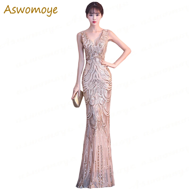 

Golden Sequins Beading Evening Dresses Mermaid Long Formal Prom Party Dress 2019 New Style Robe De Soiree Haute Couture