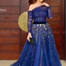 Элегантное платье с открытыми плечами Королевский синий дубайское вечернее платье одежда с длинным рукавом в бусинах и пайетках саудовско-Аравийский длинный Обручение платья для выпускного вечера платья
