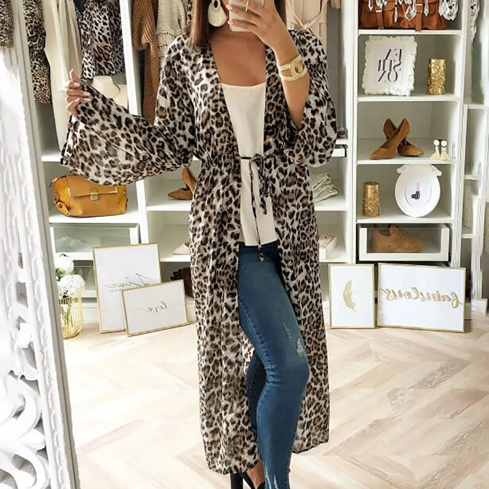 

Women Leopart Print Long Cardigan Coat Sexy Long Sleeve Cardigan Autumn Open Top Coats jacket zipper Pockets winter coat women